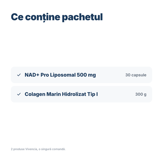 Conținutul pachetului: NAD+ Pro Liposomal 500 mg 30 capsule și Colagen Marin Hidrolizat Tip I 300 g