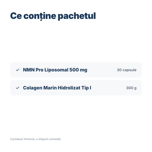 Conținutul pachetului: NMN Pro Liposomal 500 mg 30 capsule și Colagen Marin Hidrolizat Tip I 300 g