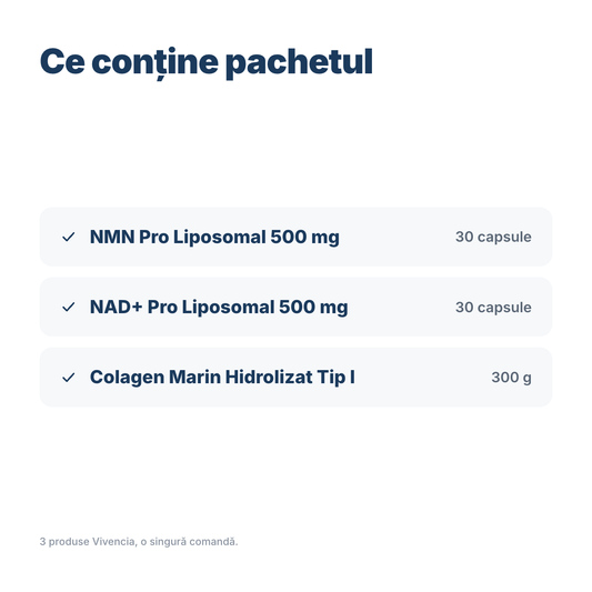 Conținutul pachetului: NMN Pro Liposomal 500 mg, NAD+ Pro Liposomal 500 mg și Colagen Marin Hidrolizat Tip I 300 g